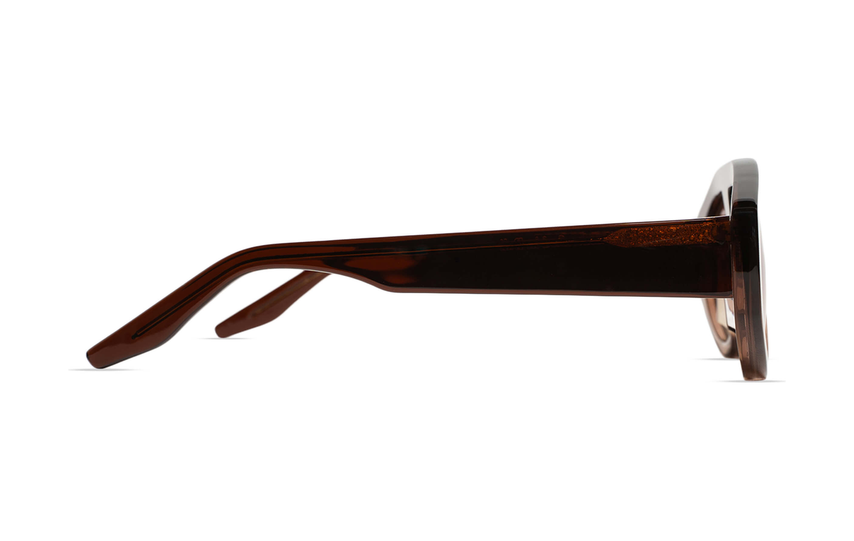Maison Mata translucent brown acetate shield frame side view — lunettes acétate brun translucide profil — kacamata asetat cokelat bening samping — gafas marrón translúcido perfil — Bali handmade eyewear