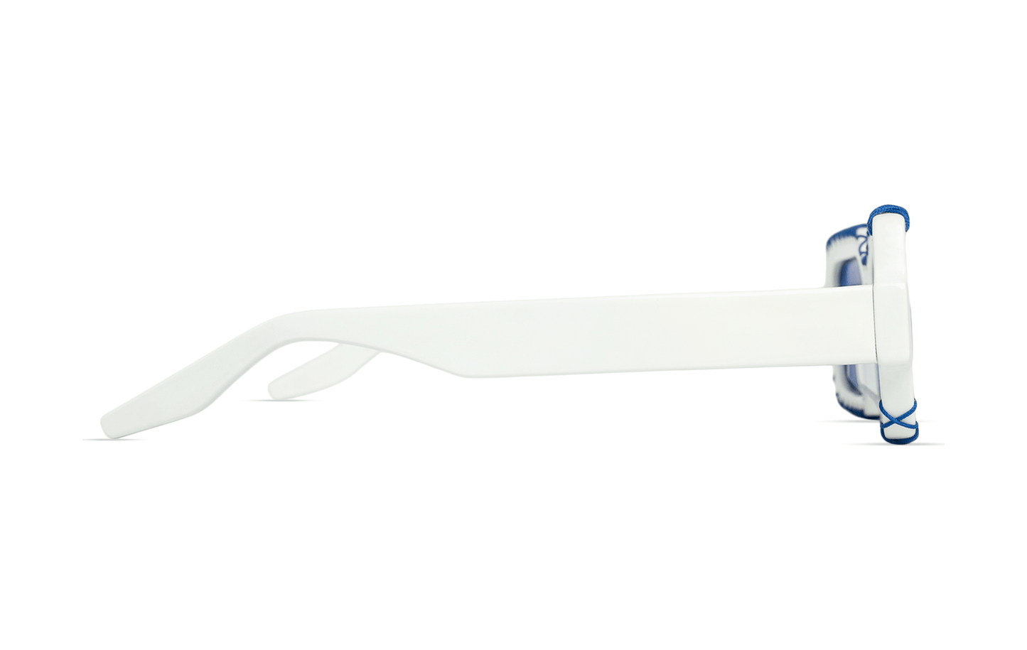 Maison Mata white acetate rectangular frame side view with blue detail — lunettes acétate blanc profil détail bleu — kacamata asetat putih samping aksen biru — Bali handmade acetate eyewear