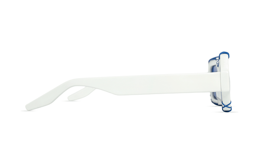 Maison Mata white acetate rectangular frame side view with blue detail — lunettes acétate blanc profil détail bleu — kacamata asetat putih samping aksen biru — Bali handmade acetate eyewear
