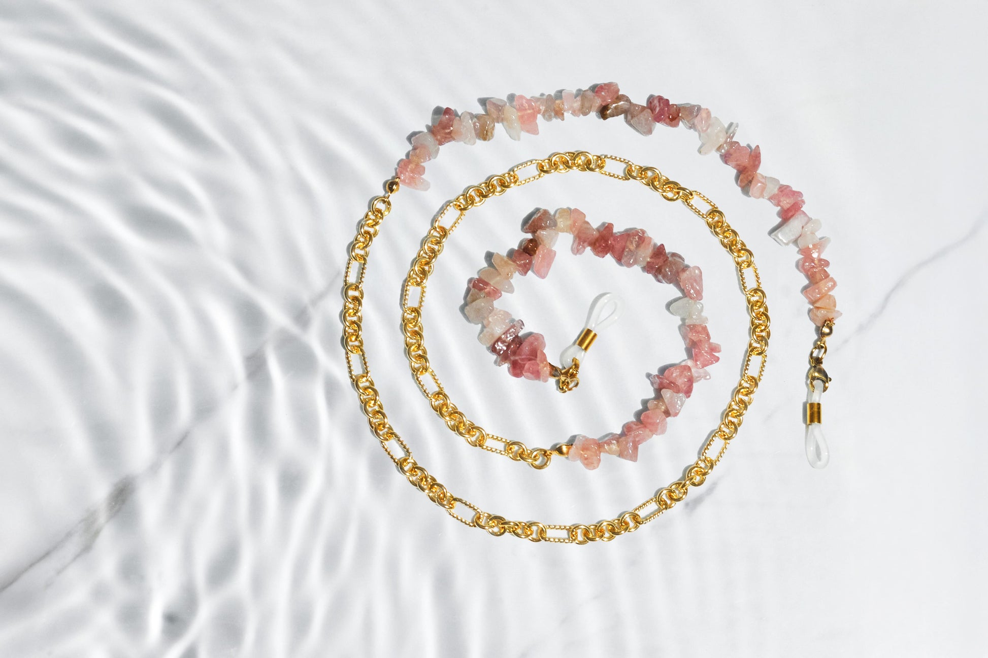 Lightweight gold and stone glasses chain, Bali artisan accessory for women.