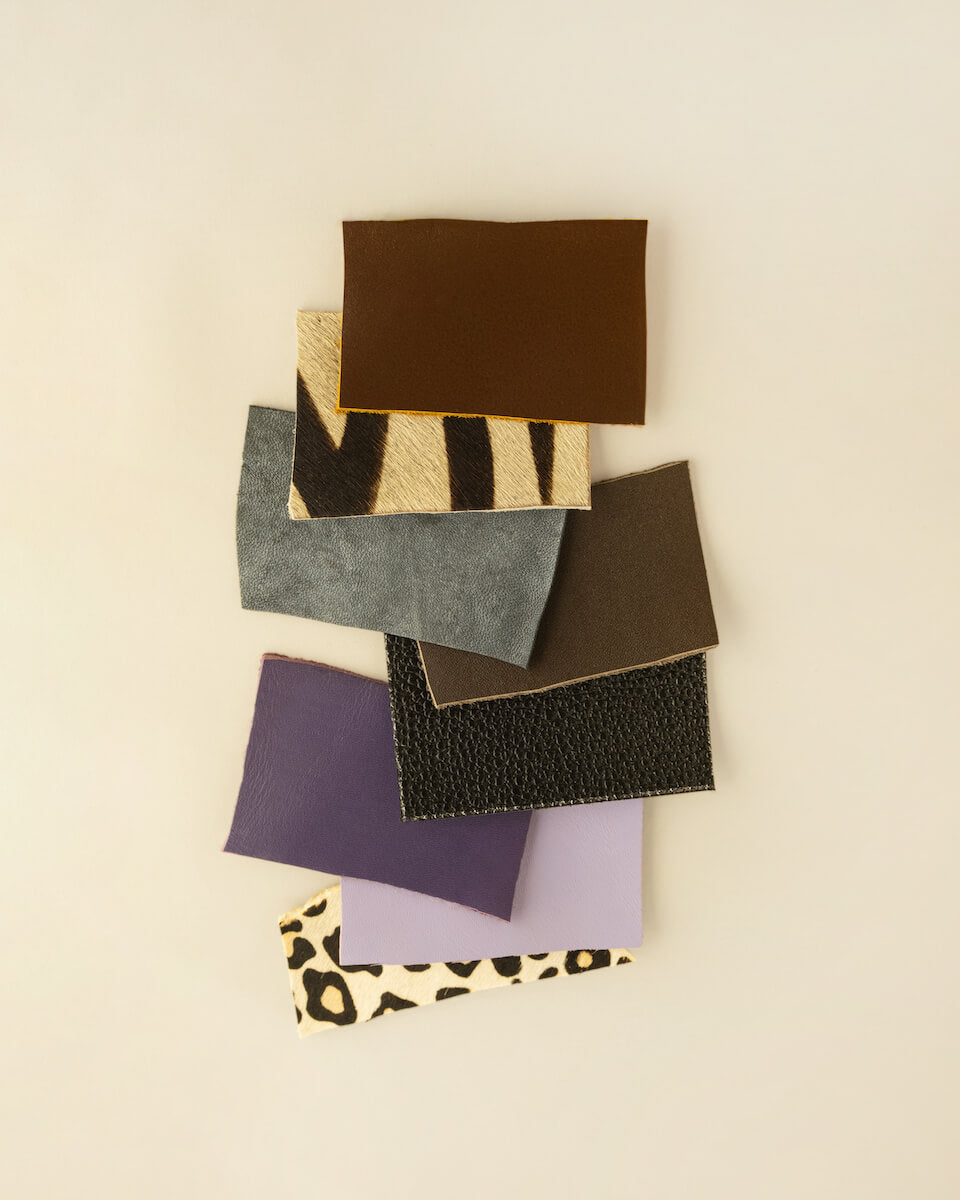 Selection of Maison Mata leathers, curated material range for handmade eyewear pouches and premium accessories.