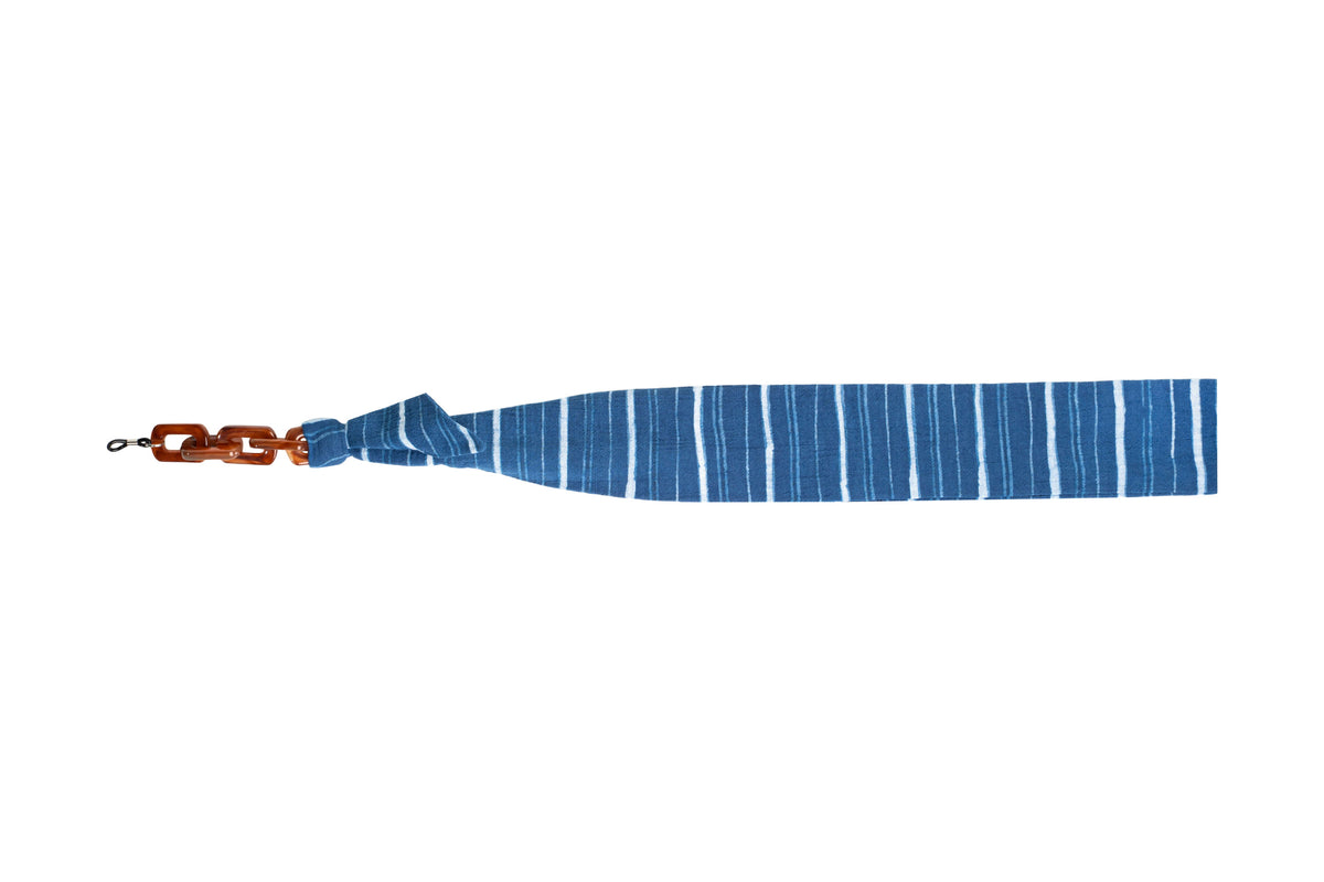 Maison Mata Maha Indigo Stripe glasses chain in batik cotton dyed in Java, assembled in Bali, flat view