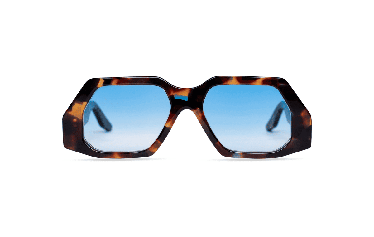 Maison Mata Mahogany mirage handmade tortoiseshell acetate oversized sunglasses, front view with blue gradient lenses