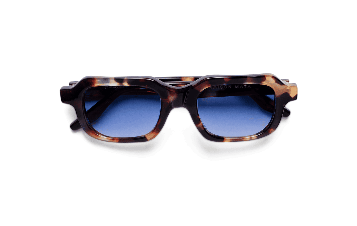 Maison Mata Milky punch blue tortoiseshell acetate rectangular sunglasses, three-quarter view with blue gradient lenses