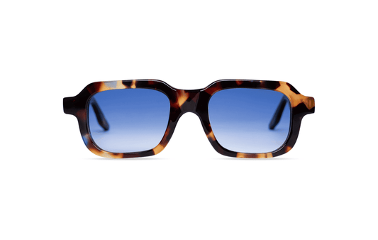Maison Mata Milky punch handmade blue tortoiseshell acetate rectangular sunglasses, front view with blue gradient lenses
