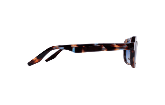 Maison Mata Milky punch blue tortoiseshell acetate rectangular sunglasses, side view, handmade in Bali