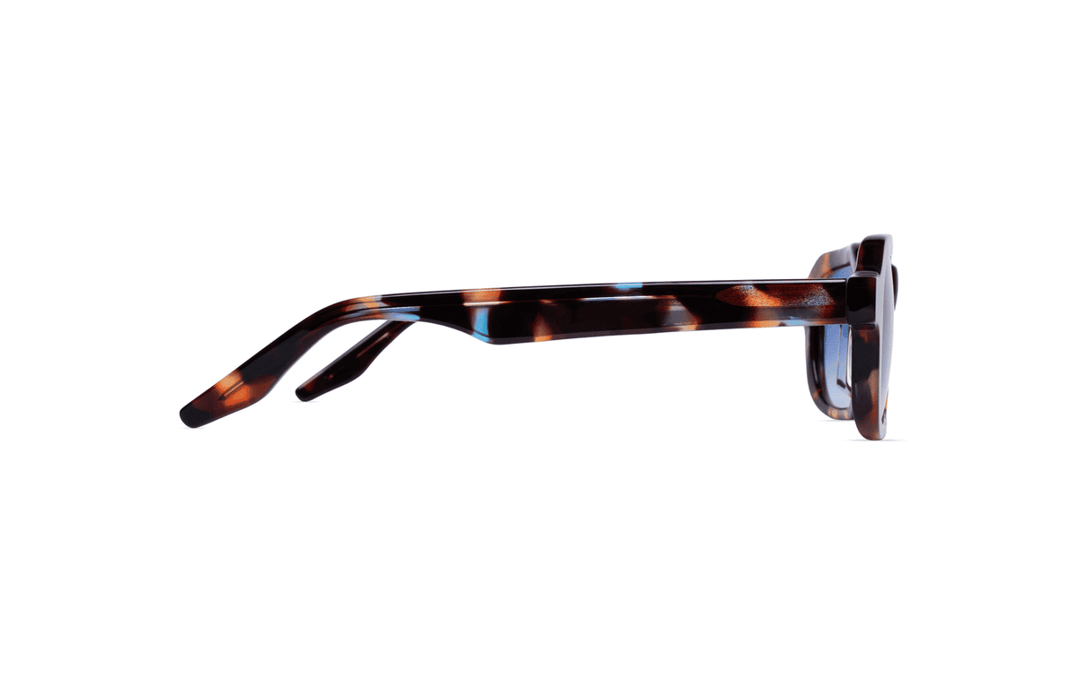 Maison Mata Milky punch blue tortoiseshell acetate rectangular sunglasses, side view, handmade in Bali