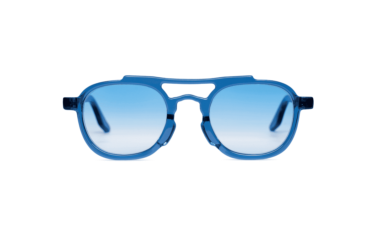 Maison Mata Mudslide handmade translucent blue acetate aviator sunglasses, front view with blue gradient lenses