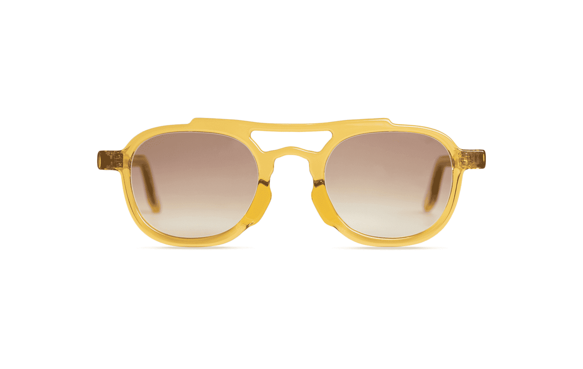 Maison Mata Mudslide handmade translucent yellow acetate aviator sunglasses, front view with brown gradient lenses