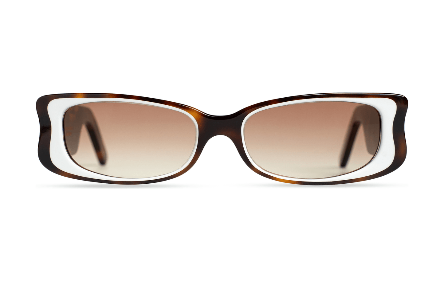 Maison Mata handmade tortoiseshell acetate rectangular sunglasses with white inner rim and brown gradient lenses — lunettes de soleil rectangulaires acétate écaille cerclage intérieur blanc verres dégradés bruns — kacamata persegi asetat tortoise lis putih lensa cokelat — gafas rectangulares carey con ribete blanco — Bali handmade eyewear