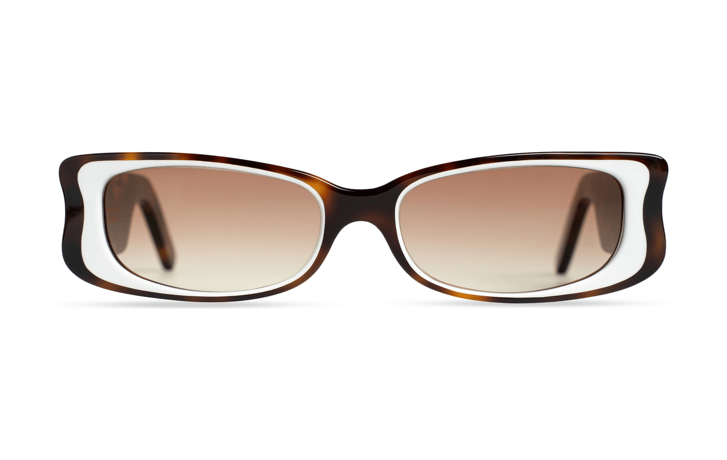 Maison Mata handmade tortoiseshell acetate rectangular sunglasses with white inner rim and brown gradient lenses — lunettes de soleil rectangulaires acétate écaille cerclage intérieur blanc verres dégradés bruns — kacamata persegi asetat tortoise lis putih lensa cokelat — gafas rectangulares carey con ribete blanco — Bali handmade eyewear