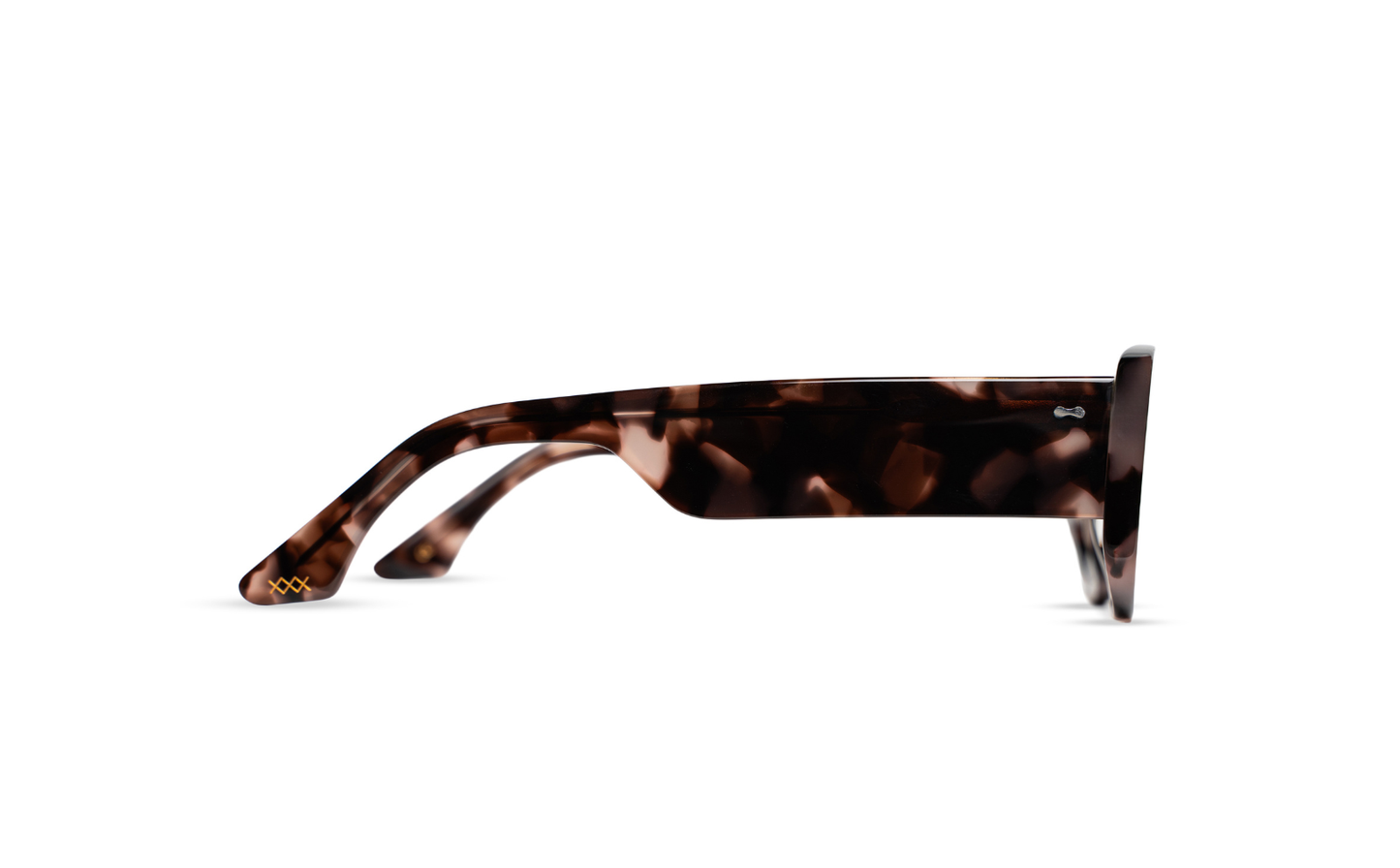 Maison Mata blush tortoiseshell acetate frame, side temple view with gold logo detail — lunettes acétate écaille rosée profil — kacamata asetat tortoise merah muda samping — gafas carey rosa perfil — Bali optical eyewear