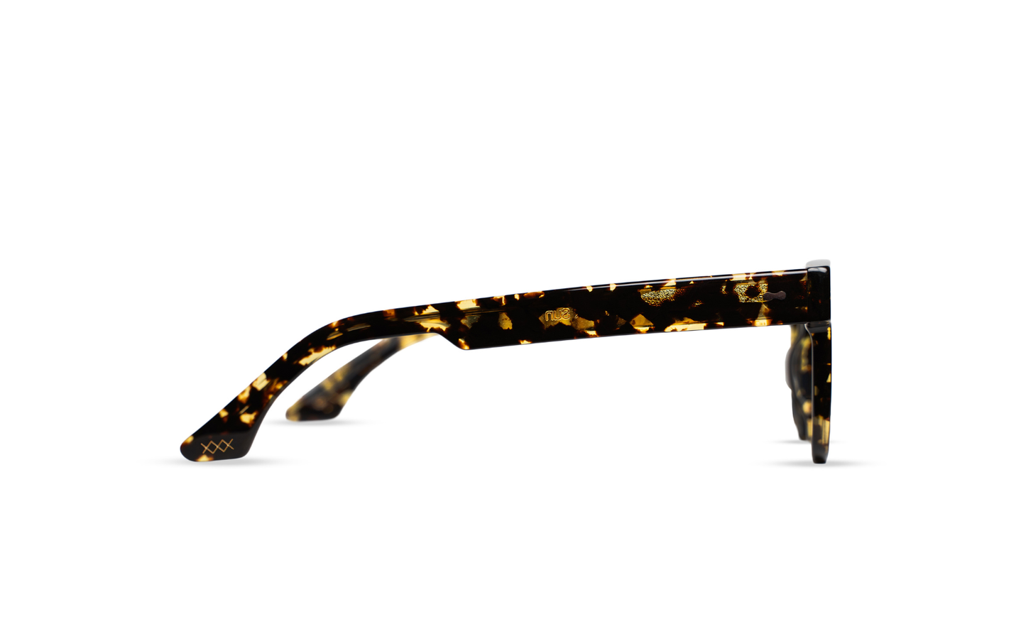 Maison Mata dark tortoiseshell acetate frame, side temple view with gold logo detail — lunettes acétate écaille foncée profil — kacamata asetat tortoise gelap samping — gafas carey oscuro perfil — Bali optical eyewear