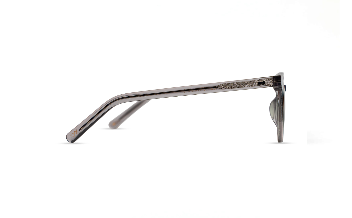 Maison Mata crystal grey acetate frame, side temple view with glitter accent — lunettes acétate gris cristal profil — kacamata asetat abu transparan samping — gafas gris cristal perfil — Bali optical eyewear