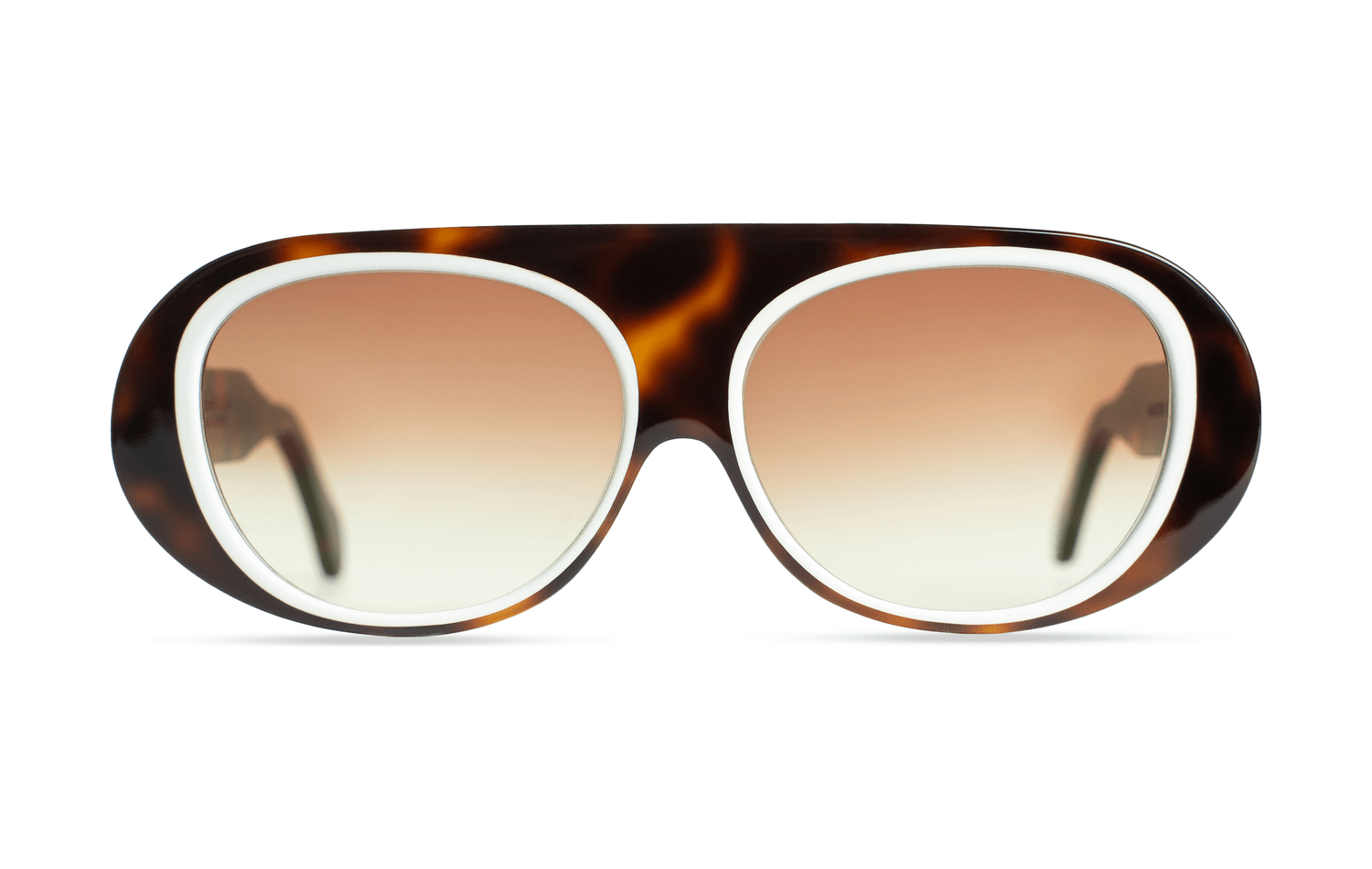 Maison Mata handmade tortoiseshell acetate oversized oval sunglasses with white inner rim and brown gradient lenses — lunettes de soleil ovales oversize acétate écaille cerclage blanc verres dégradés bruns — kacamata oval besar asetat tortoise lis putih — gafas ovaladas grandes carey — Bali handmade eyewear