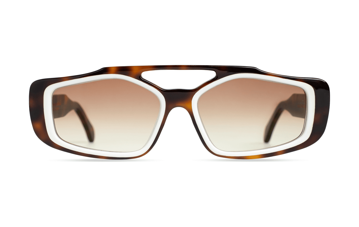 Maison Mata handmade tortoiseshell acetate rectangular sunglasses with double bridge and white inner rim — lunettes de soleil rectangulaires acétate écaille double pont cerclage blanc — kacamata persegi asetat tortoise jembatan ganda lis putih — gafas rectangulares carey de doble puente — Bali handmade eyewear