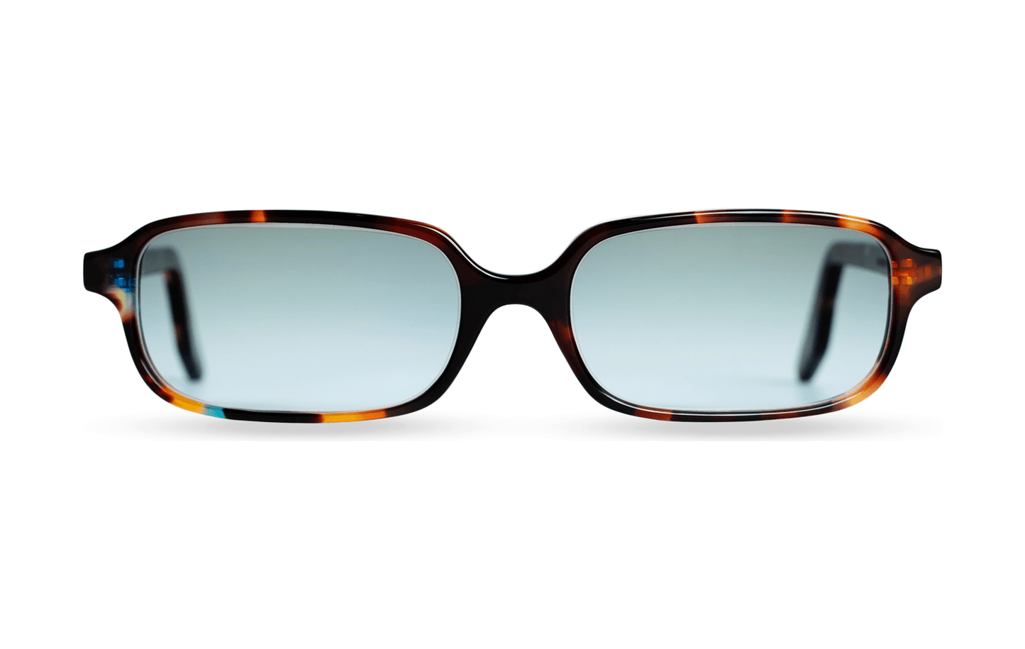Maison Mata handmade tortoiseshell acetate slim rectangular sunglasses with green blue gradient lenses — lunettes de soleil rectangulaires fines acétate écaille verres vert bleuté — kacamata persegi tipis asetat tortoise lensa hijau biru — gafas rectangulares carey lentes verdes — Bali handmade eyewear