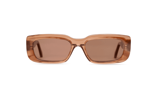 Maison Mata Stone handmade translucent brown acetate rectangular sunglasses, front view with brown lenses