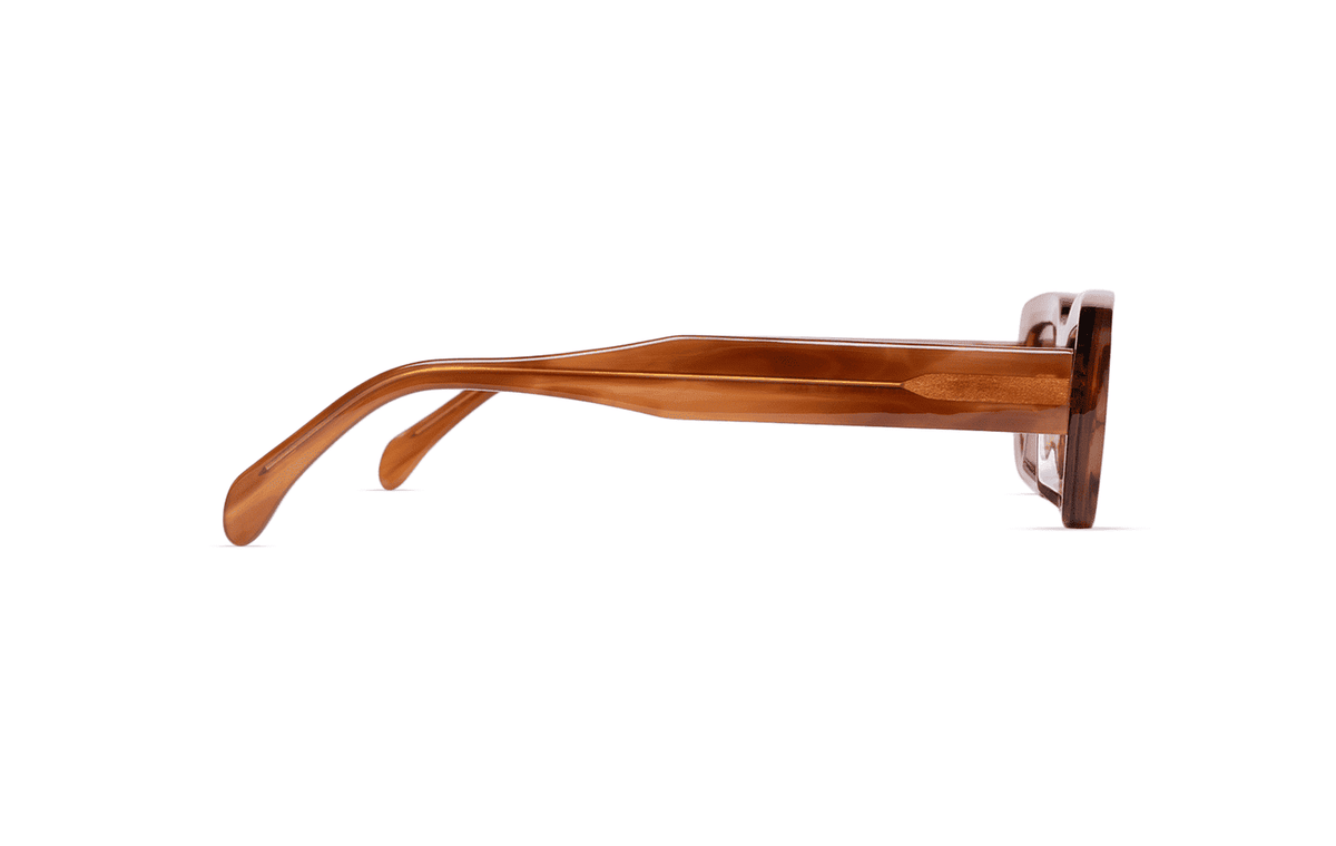Maison Mata Stone translucent brown acetate rectangular sunglasses, side view, handmade in Bali