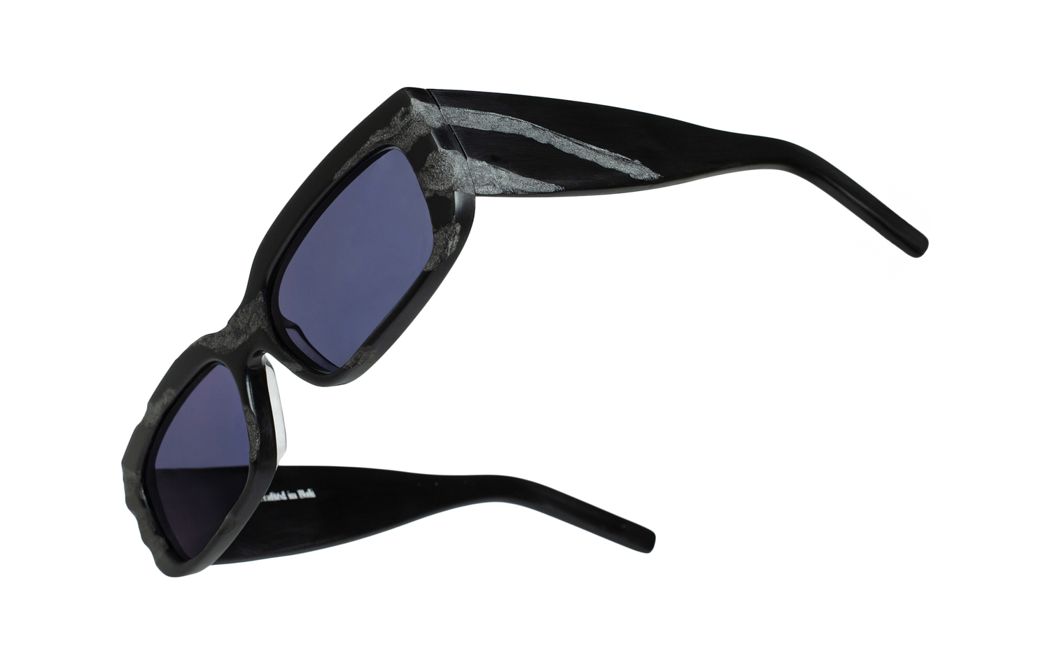 Maison Mata granite marbled acetate rectangular sunglasses seen from above, blue lenses — lunettes de soleil acétate marbré granit vue de dessus verres bleus — kacamata asetat marmer granit tampak atas — gafas jaspeadas granito desde arriba — Bali handmade eyewear