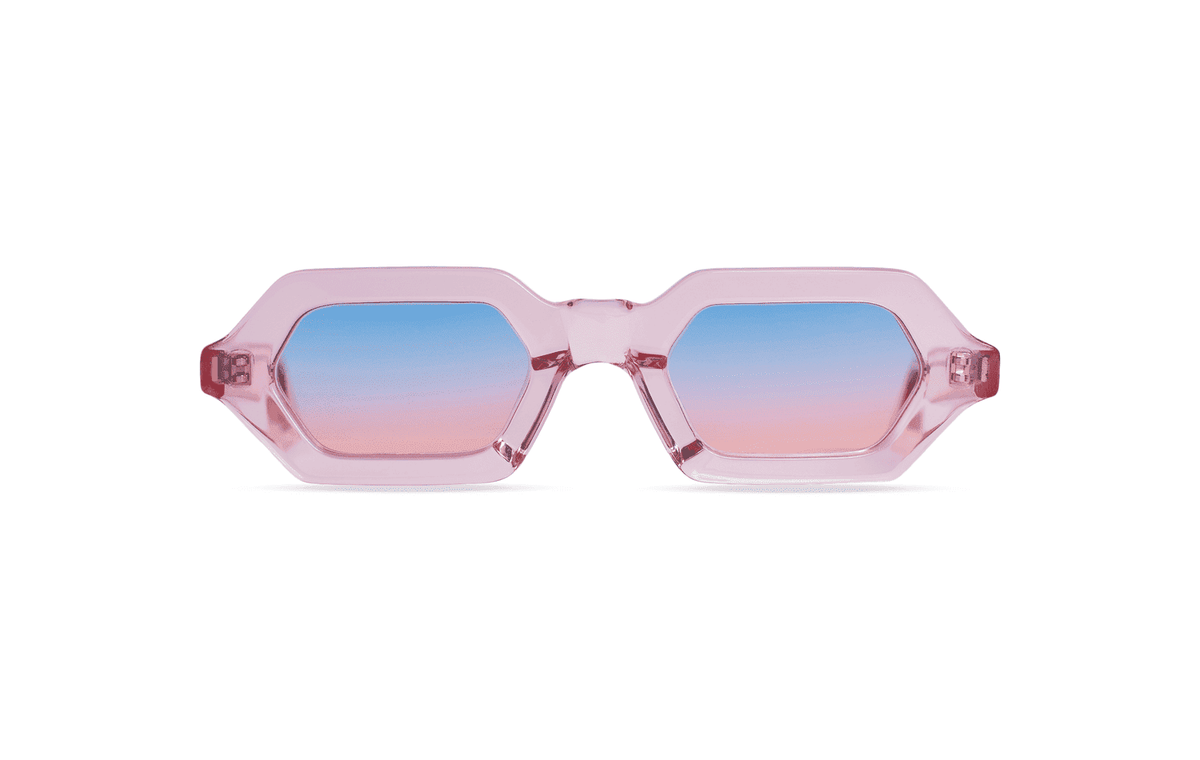 Maison Mata Tequila sunrise handmade translucent pink acetate hexagonal sunglasses, front view with blue to pink gradient lenses