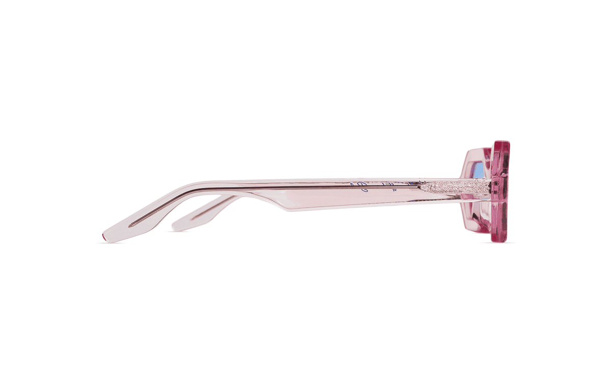 Maison Mata Tequila sunrise translucent pink acetate hexagonal sunglasses, side view, handmade in Bali