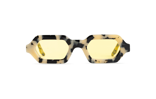 Maison Mata Tequila sunrise handmade jaguar tortoiseshell acetate hexagonal sunglasses, front view with yellow lenses