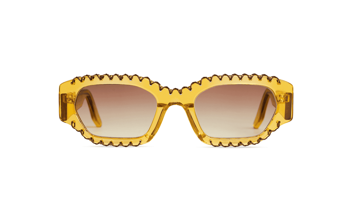 Maison Mata Tequila temptation handmade translucent yellow acetate geometric sunglasses with brown rope detail, front view with brown gradient lenses