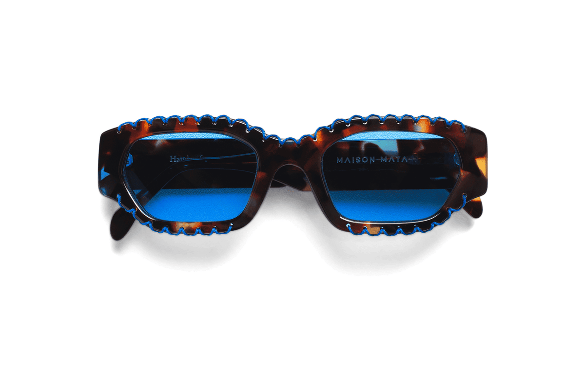 Maison Mata Tequila temptation Morning Lagoon acetate sunglasses, three-quarter view with blue lenses, handmade in Bali