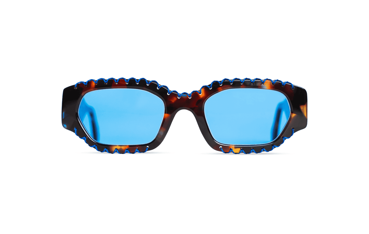 Maison Mata Tequila temptation handmade Morning Lagoon acetate sunglasses with blue rope detail, front view with blue lenses