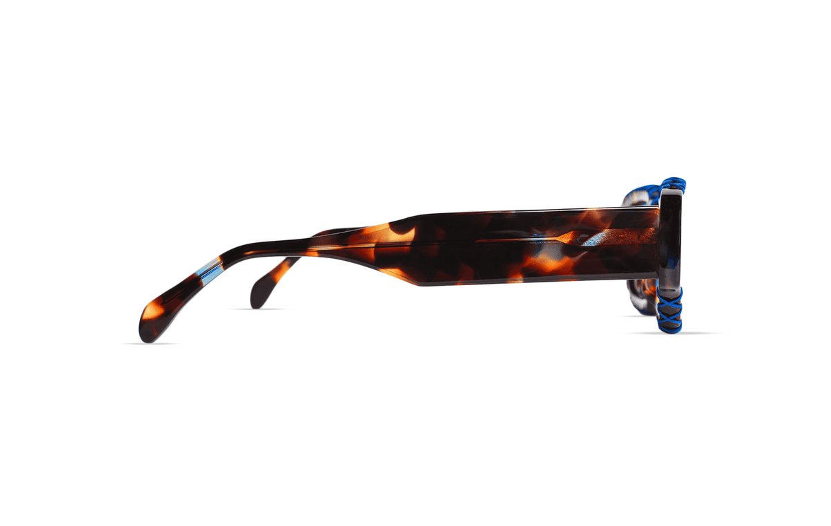 Maison Mata Tequila temptation Morning Lagoon acetate sunglasses with blue rope detail, side view, handmade in Bali