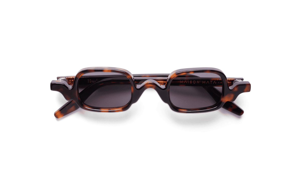Maison Mata Will tortoiseshell acetate square sunglasses, three-quarter view with grey lenses