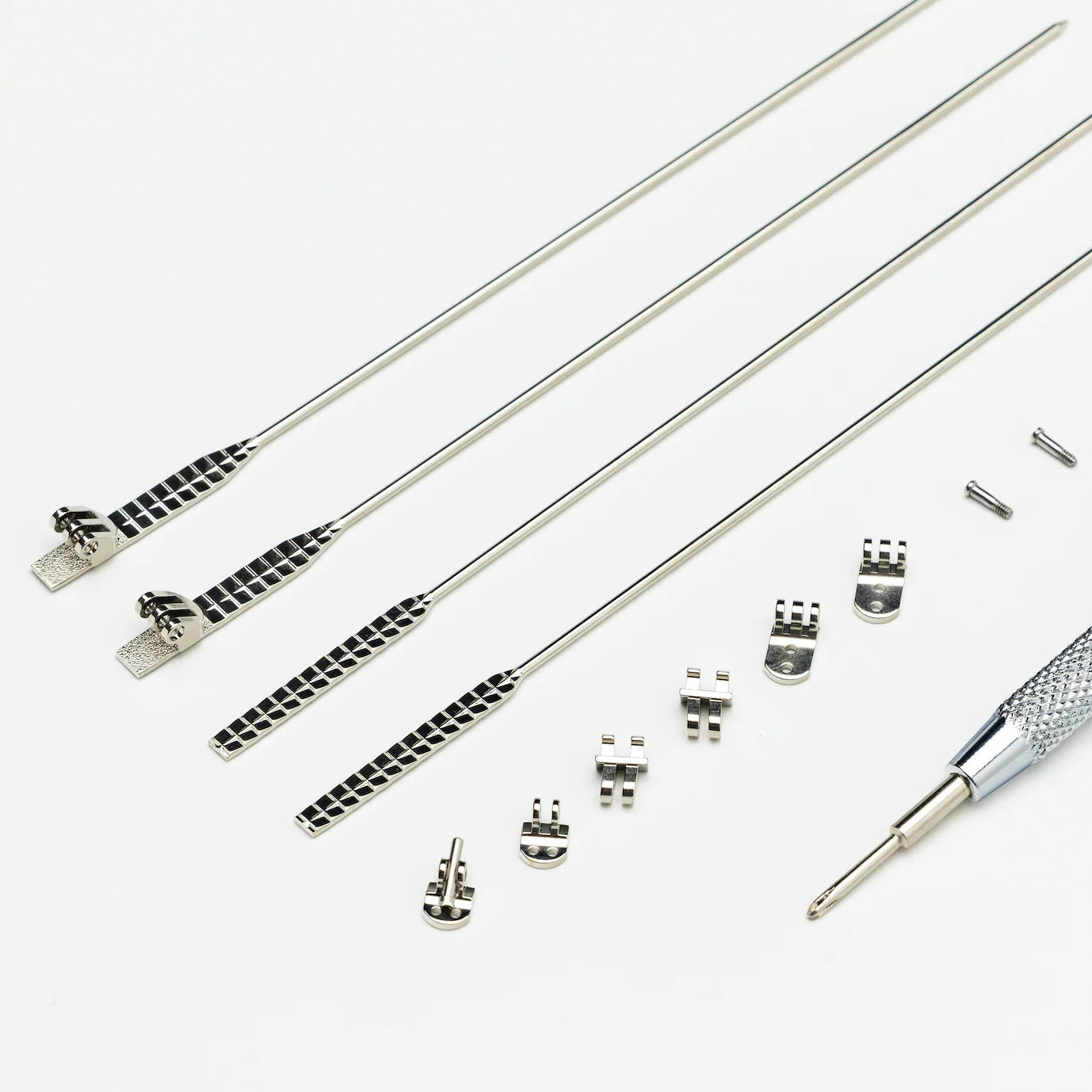 Metal frame material sample for eyewear construction and lightweight design structure.