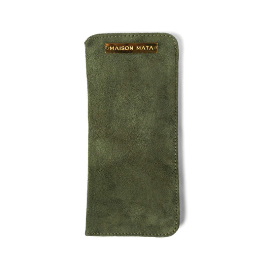 Maison Mata Forest softcase in olive suede, a handmade glasses case from Bali