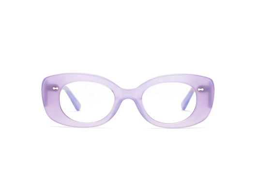 Optical purple acetate cat-eye Eyewear with blue-light protection fitted by Maison Mata opticians in Ubud in Bali.