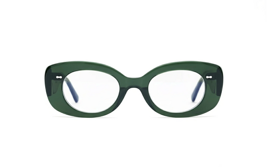 Olive acetate cat-eye optical glasses with blue-light protection crafted by Maison Mata opticians.