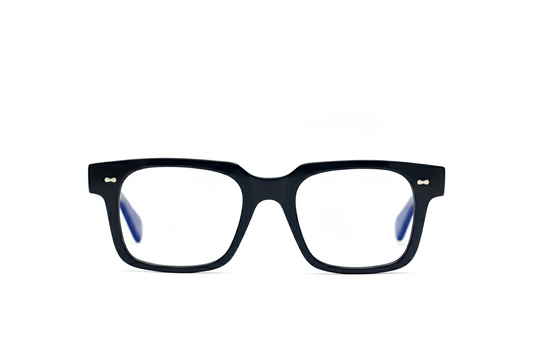 Black square optical glasses with blue-light protection fitted by Maison Mata opticians.