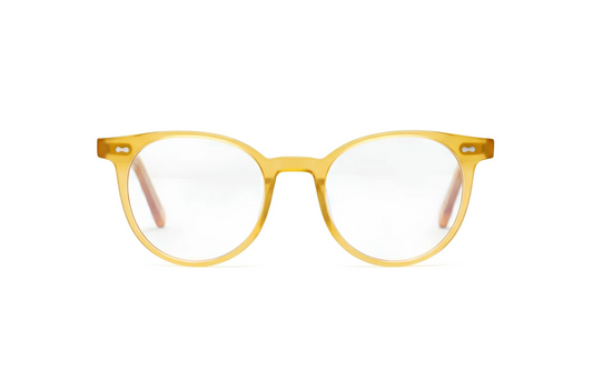 Eyeglasses round honey-colored acetate with blue-light protection fitted by Maison Mata opticians in Uluwatu in Bali.