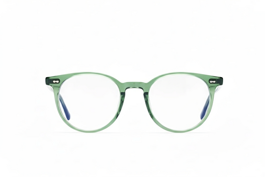 Olive acetate round optical Eyeglasses for men and women with blue-light or anti-reflective protection by Maison Mata.