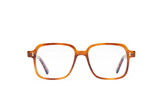Amber acetate square optical glasses with blue-light protection crafted by Maison Mata.