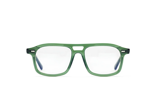 Eyewear aviator green acetate with blue-light protection fitted by Maison Mata opticians in Canggu in Bali.
