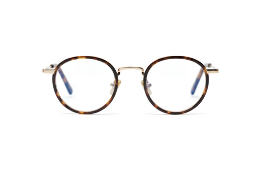 Round acetate and metal eyewear glasses with blue-light protection by Maison Mata opticians.