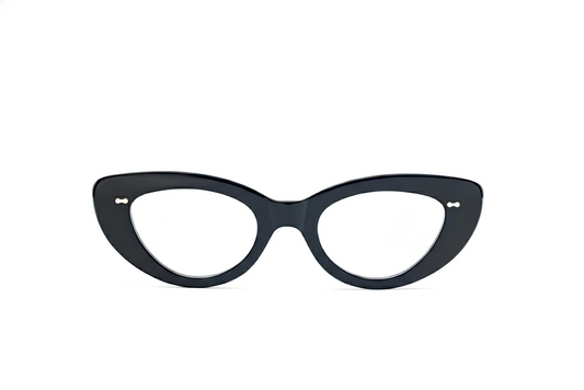 Optical black acetate cat-eye glasses with blue-light protection fitted by Maison Mata optometrists in Uluwatu in Bali.