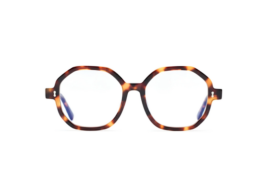 Eyeglasses hexagonal tortoise acetate with blue-light protection from Maison Mata opticians in Sanur Bali.
