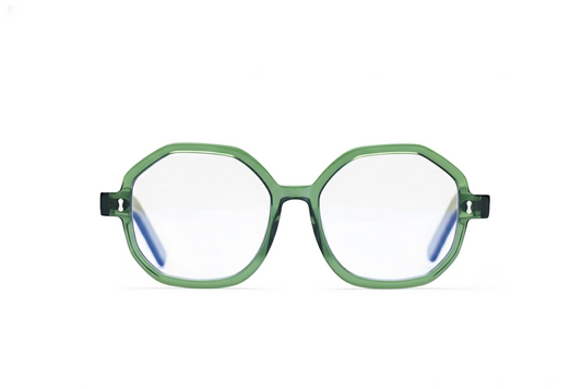 Optical green acetate hexagonal Eyewear with blue-light protection fitted by Maison Mata opticians in Seminyak in Bali.