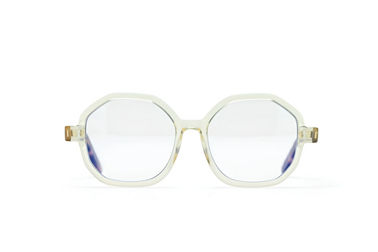 Optical transparent acetate hexagonal Eyeglasses with blue-light protection fitted by Maison Mata opticians in Ubud in Bali.
