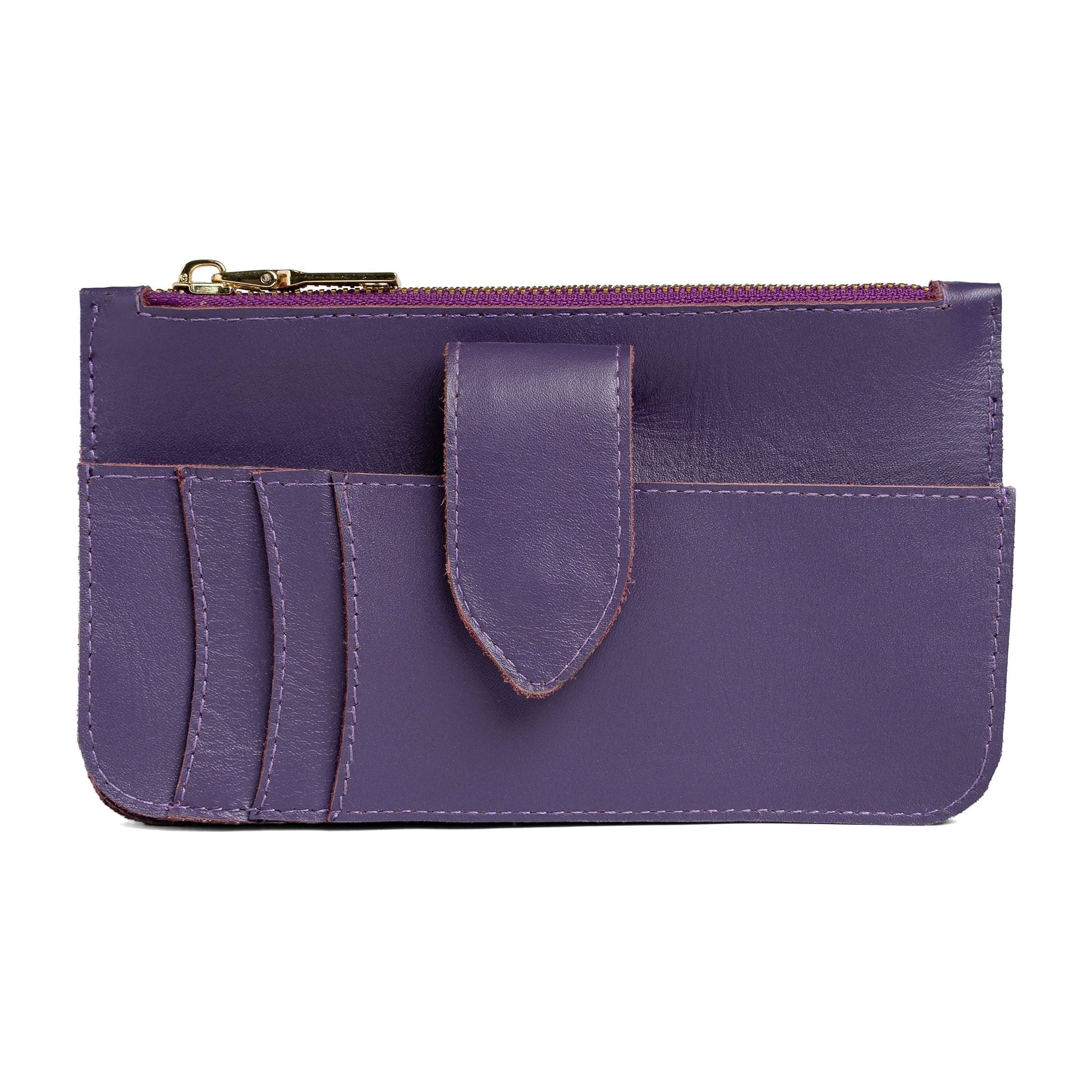 Front card slots and tab closure on the Maison Mata purple leather wallet