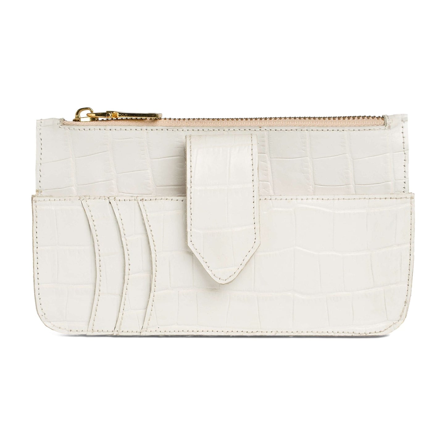 Front card slots and tab closure on the Maison Mata white croco leather wallet