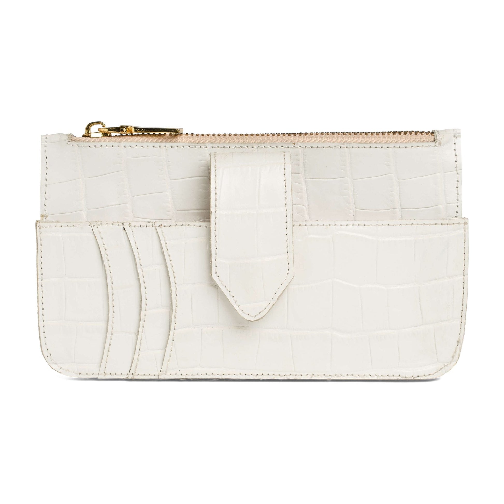Front card slots and tab closure on the Maison Mata white croco leather wallet